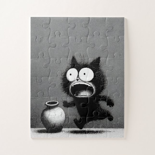 Chat et vase paniques - Puzzle de dessin monochrom (Vertical)