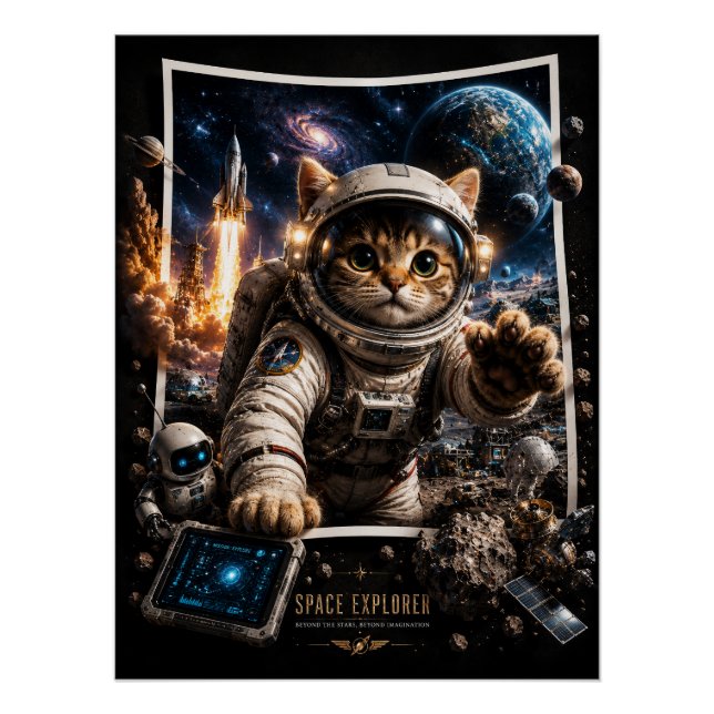 Chat Explorateur Spatial Affiche Pop-Up 3D brillan (Devant)