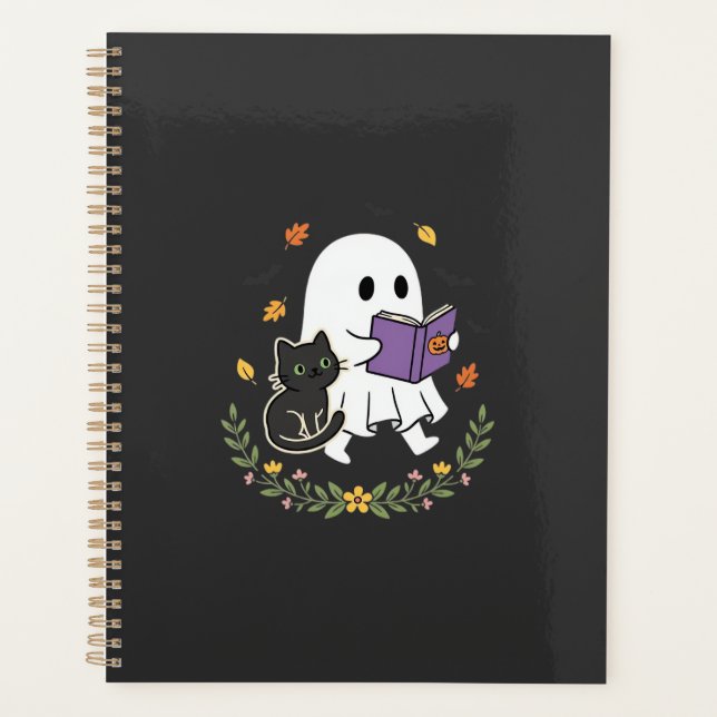 Chat fantôme d'Halloween lisant un livre floral De (Devant)