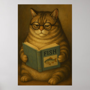 Chat Gras Lisant un Livre, Affiche Vintage, Affich