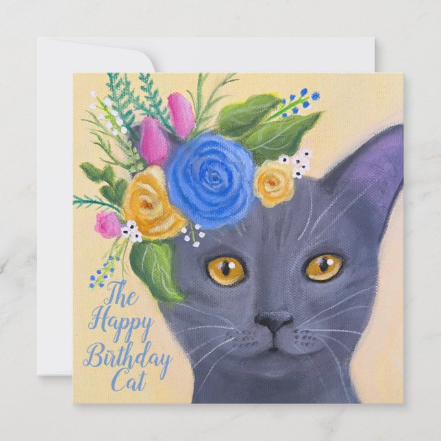 Chat gris avec Fleurs Art Whimsical (Devant)