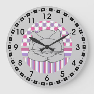Chat Gris Dormant Motif Oval Grande horloge