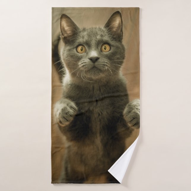 CHAT GRIS EN DEUX PIEDS (Serviette de bain)