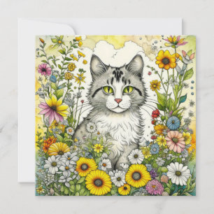 Chat gris et blanc Kitty assis en fleurs Bonjour