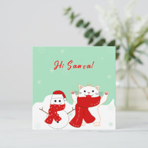 Chat Heureux Avec Bonhomme de Neige   Carte Plate 