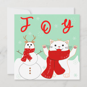 Chat heureux avec bonhomme de neige   Carte plate 