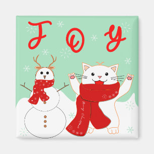 Chat heureux avec bonhomme de neige Magnet de No