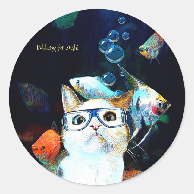 Chat Humour Sushi  drôle Imaginaire rond Sticker (Devant)