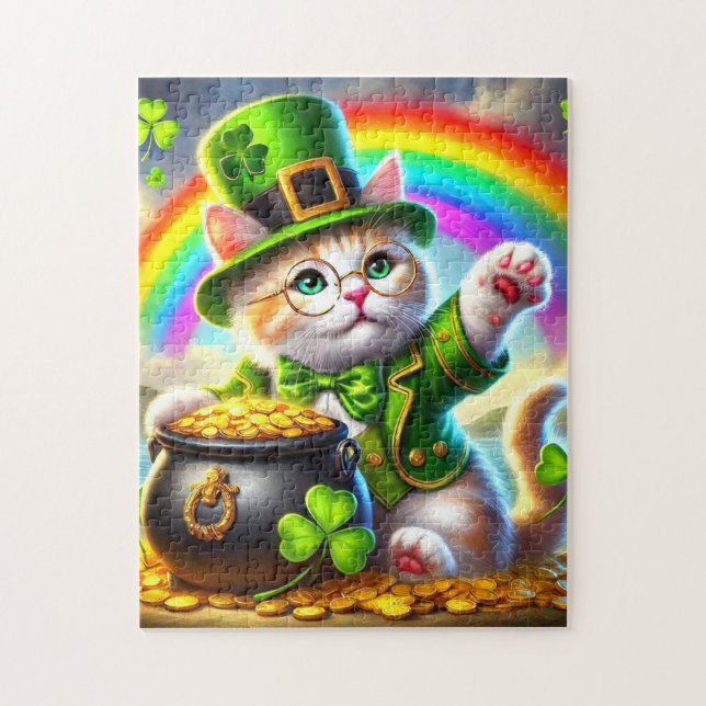 Chat irlandais avec Pot or et Puzzle arc-en-ciel (Vertical)