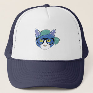 CHAT JAUNE EN VERRE NOIR ET CASQUETTE VERT