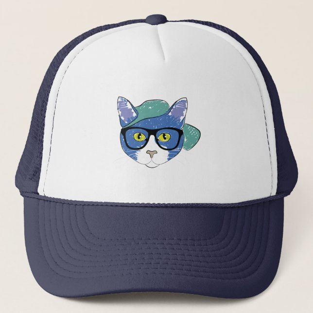 CHAT JAUNE EN VERRE NOIR ET CASQUETTE VERT (Devant)