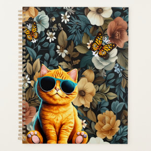 Chat jaune et papillons sur Arrière - plan floral