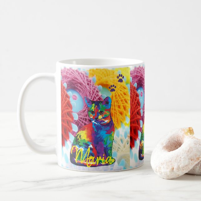 Chat Kitten Coloré Fil Fil Bouton Mug (Avec donut)