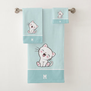 Chat Kitty & Monogram sur serviettes de bain bleu