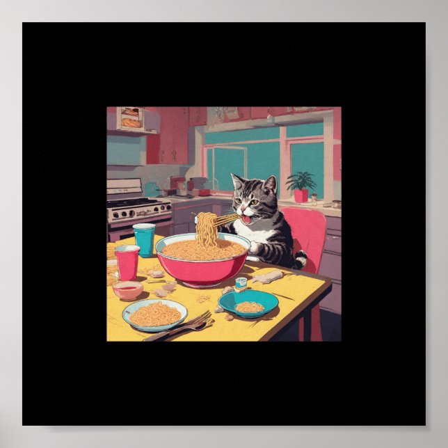 chat manger ramen nouilles affiche (Devant)