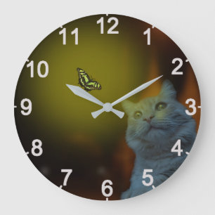 Chat Mesmerisé Par Papillon, Grande Horloge Mur