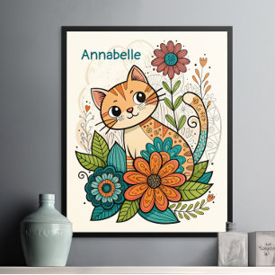 Chat mignon avec fleurs Poster
