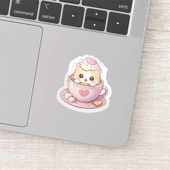 Chat Mignon dans Tasse de Café Autocollant Kawaii (Détail)