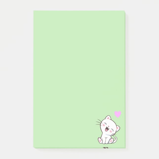 Chat mignon et cœur sur des notes Post-it vert cla (Devant)