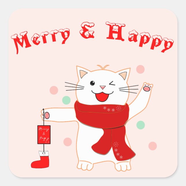 Chat Mignon Joyeux & Heureux | Autocollant de Noël (Devant)