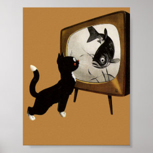 Chat mignon regardant le poster vintage TV