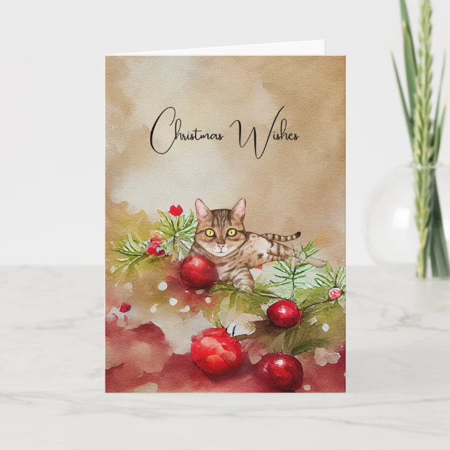 Chat mignonne avec ornements Carte de Noël (Devant)