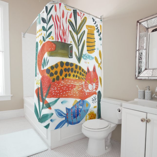 Chat moderne coloré Art Douche rideau (En situation)