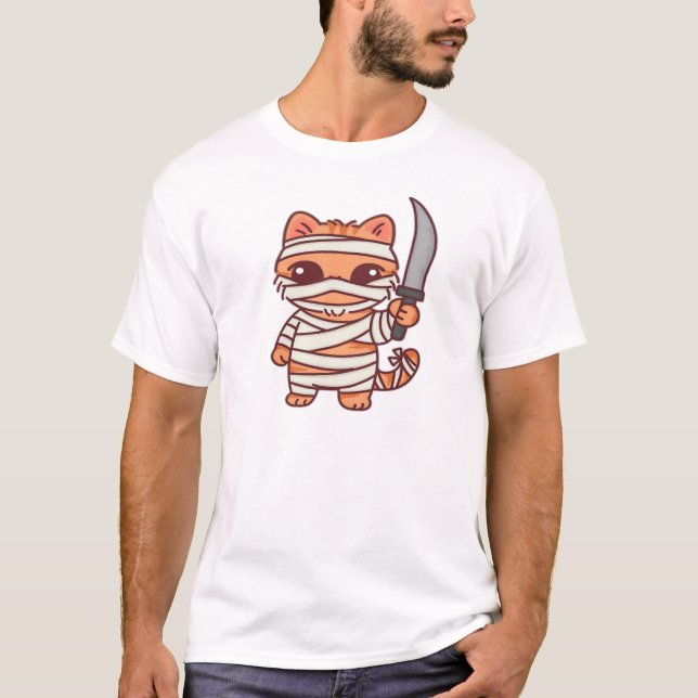 Chat Mummy Halloween Kawaii avec Épée T-Shirt Clas (Devant)
