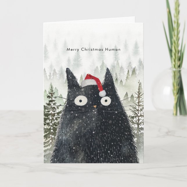 chat noir à santa chapeau drôle carte de Noël (Devant)