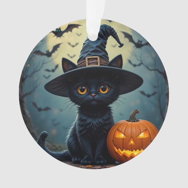 Chat noir adorable portant un chapeau de sorcière (devant)