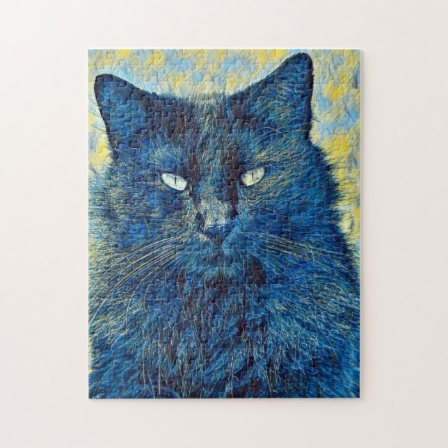 Chat noir Artsy dans Puzzle bleu (Vertical)