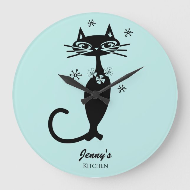 Chat noir atomique rétro horloge personnalisée (Recto)