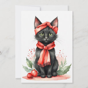 Chat noir avec carte de vacances Red Scarf Flat