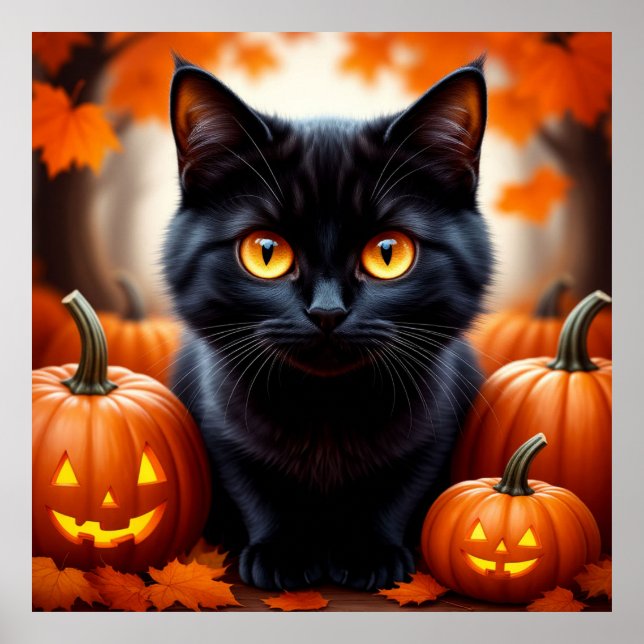Chat Noir Avec Citrouilles Pour Décoration D'Autom (Devant)