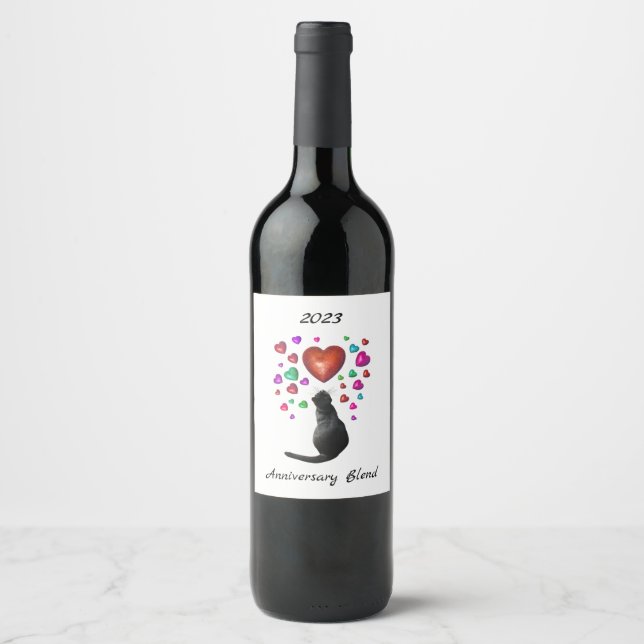 Chat noir avec Coeurs Étiquettes de vin (Devant)