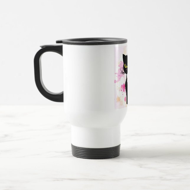 Chat noir avec la tasse rose de voyage de coeurs (Gauche)