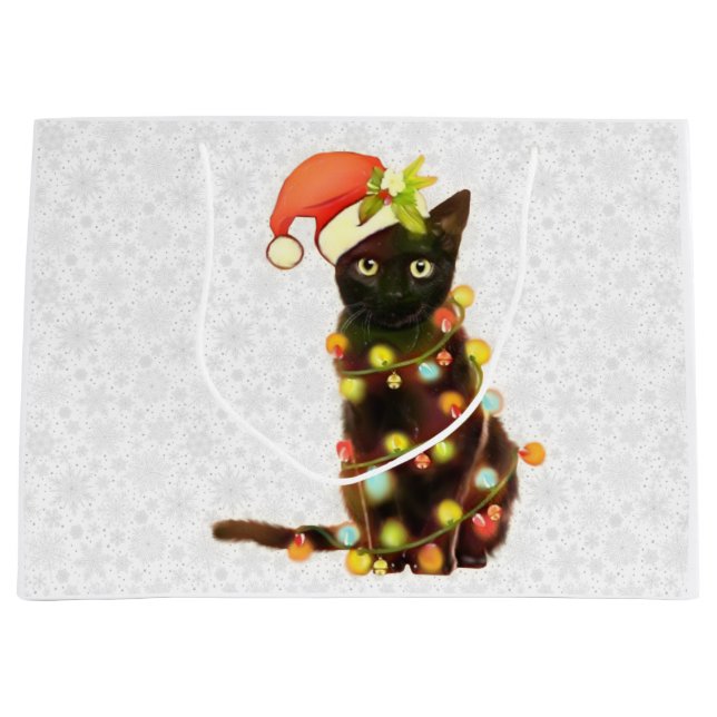 Chat Noir avec les lumières de Noël Sac cadeau (Devant)
