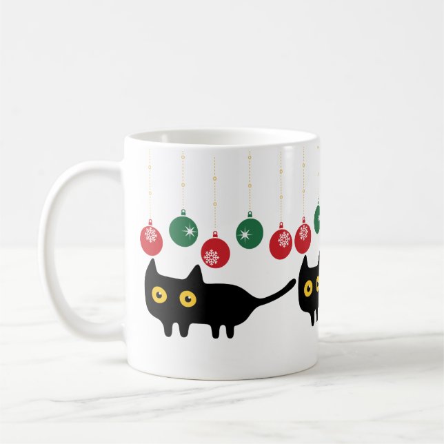 Chat noir avec Mug ornement de Noël (Gauche)