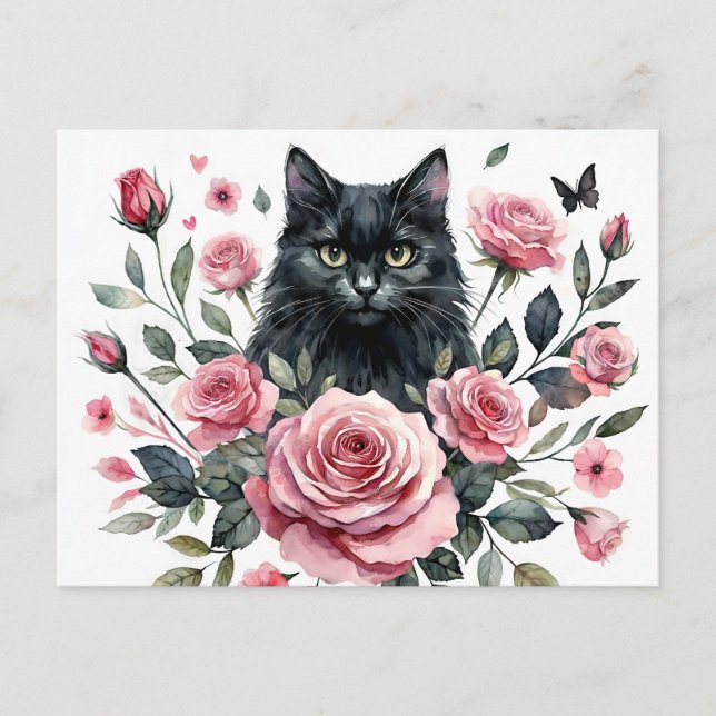 Chat noir avec Roses roses roses Aquarelle Carte p (Devant)