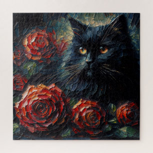 Chat Noir Avec Roses Rouges Puzzle Gothique