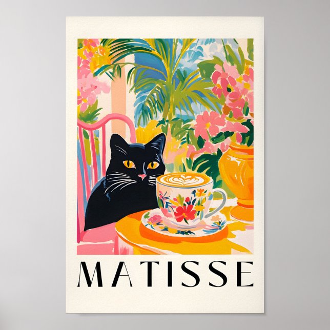 Chat Noir Boire Café, Drôle Poster De Cuisine Es (Devant)