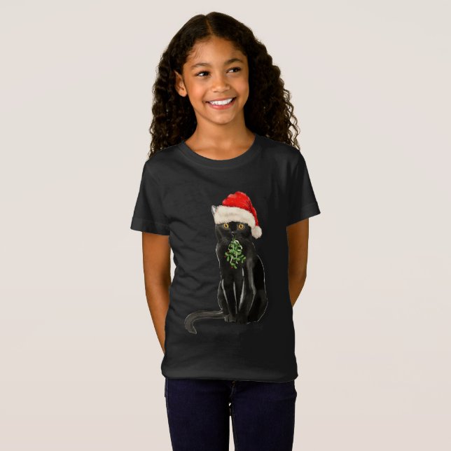 Chat noir Bombay race Noël Santa Hat T-shirt (Devant entier)