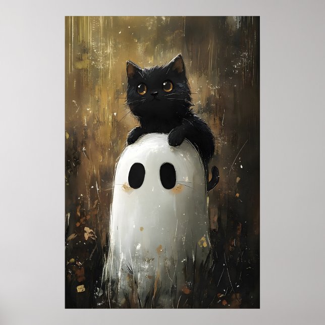 Chat noir câlinant une impression de fantôme migno (Devant)