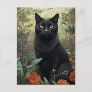 Chat Noir Carte Postale Jardin Fleur