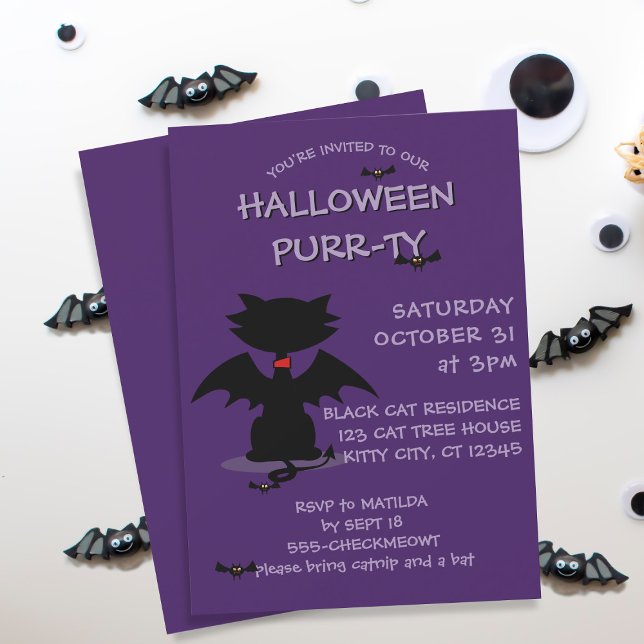 Chat noir chauve violet Halloween Party Invitation (It's the black cat's favorite time of the year and is ready to party. Add the details of yours!)