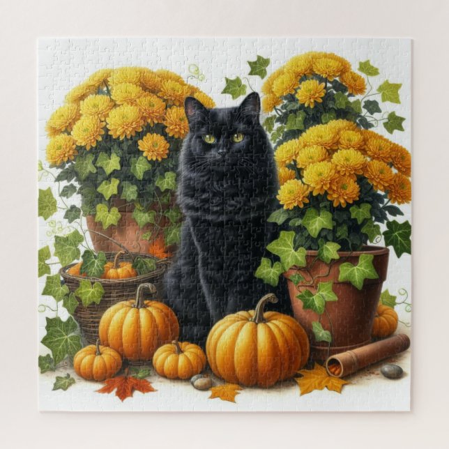 Chat noir Chrysanthèmes jaunes Puzzle Saison Autom (Vertical)