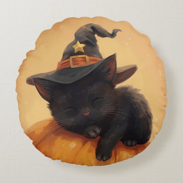 Chat noir couché Halloween Coussin rond (Devant)
