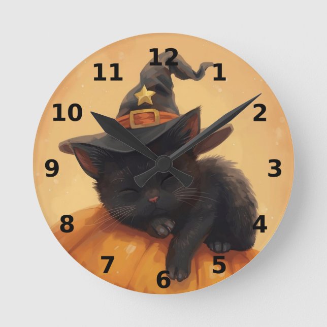 Chat noir couché Halloween Horloge murale (Recto)