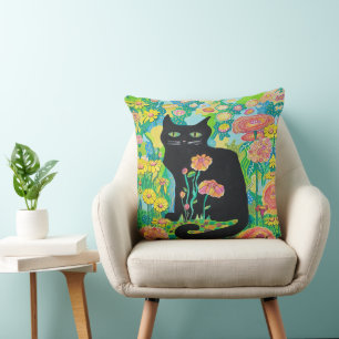 Chat noir dans Coussin de jet de fleurs Décoration