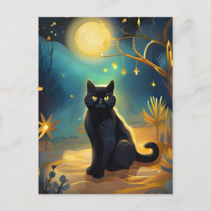 Chat noir dans la carte postale de nuit